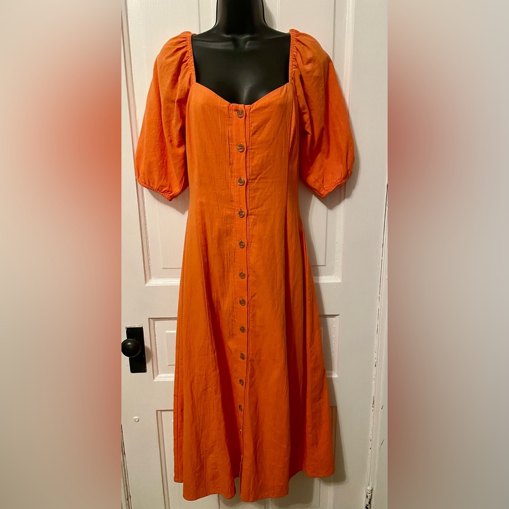 Puff Sleeve Button-Front Midi Dress
